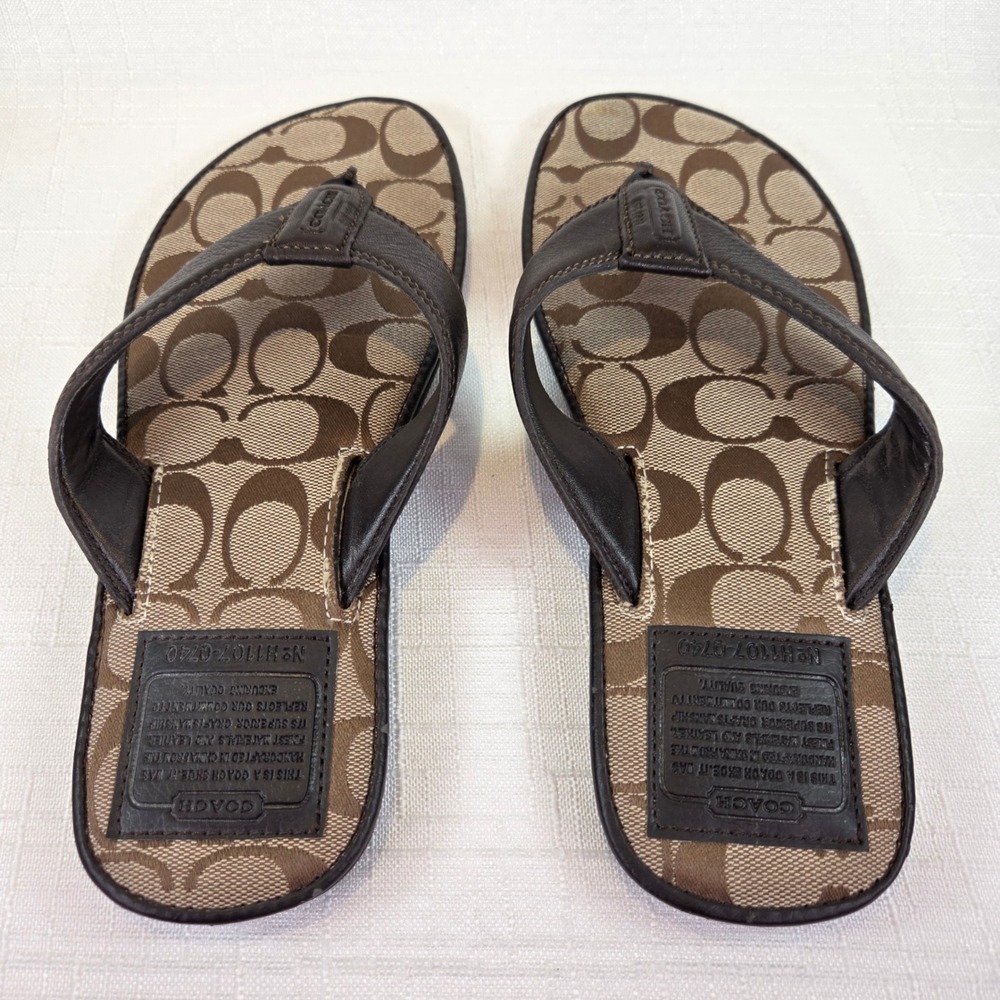 Coach Men's Brown Signature Monogram Leather Flip Flop Sandals H1107-Q740 Size 8 - Picture 2 of 10